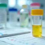 Frasco de exame de urina ao lado de ficha clínica em bancada de laboratório