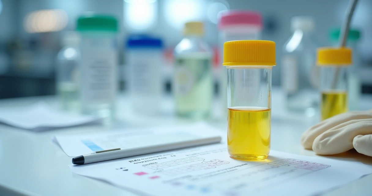 Frasco de exame de urina ao lado de ficha clínica em bancada de laboratório