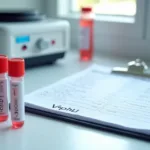 Painel de resultados de VDRL com tubos de sangue sobre bancada de laboratório