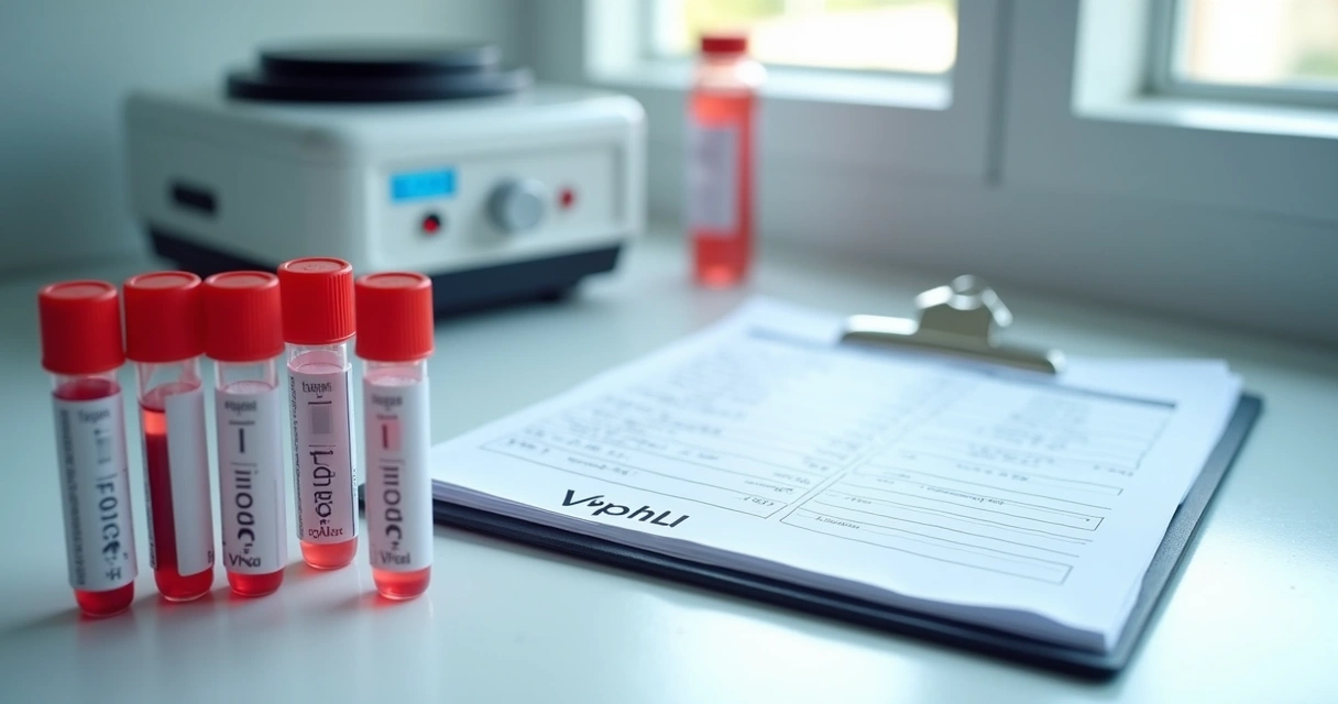 Painel de resultados de VDRL com tubos de sangue sobre bancada de laboratório