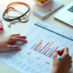 Profissional analisa resultado de hemograma impresso sobre bancada de laboratório