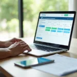 Pessoa agenda exame online pelo notebook com celular ao lado destacando praticidade