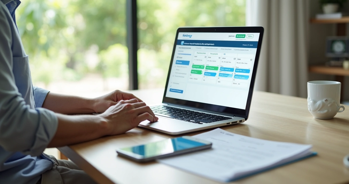 Pessoa agenda exame online pelo notebook com celular ao lado destacando praticidade