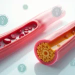 Ilustração de artérias saudáveis e com placas de colesterol com ícones de dúvidas ao redor
