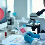 Hematologista observa lâmina de sangue em microscópio com hemoglobina em destaque