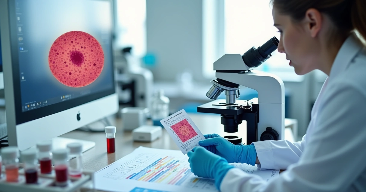 Hematologista observa lâmina de sangue em microscópio com hemoglobina em destaque