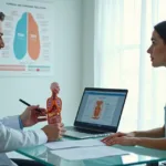 Médica segura modelo 3D da tireoide enquanto conversa com paciente adulta em consultório moderno