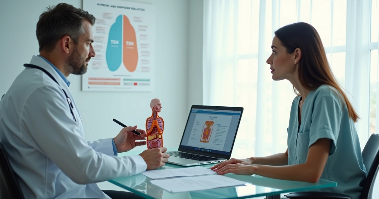 Médica segura modelo 3D da tireoide enquanto conversa com paciente adulta em consultório moderno