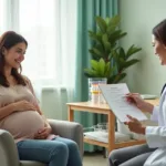 Gestante segura barriga enquanto conversa com profissional de saúde em sala de coleta