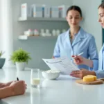 Pessoa observa leite e derivados enquanto conversa com profissional de laboratório