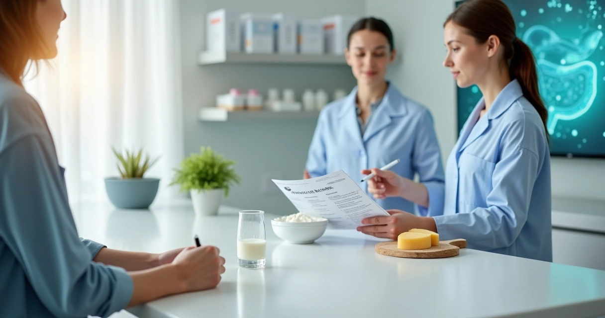 Pessoa observa leite e derivados enquanto conversa com profissional de laboratório