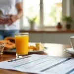 Paciente observa mesa de café da manhã enquanto lê orientações de jejum para exame de sangue