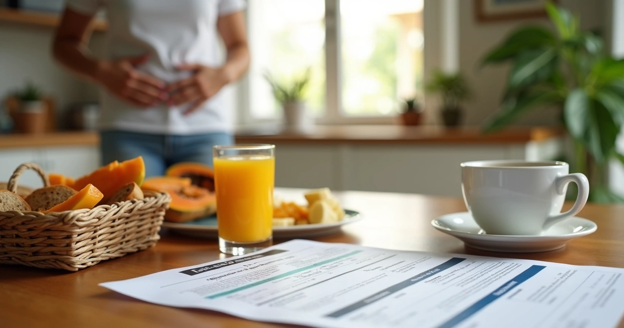 Paciente observa mesa de café da manhã enquanto lê orientações de jejum para exame de sangue