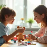 Mãe conversa com filho em casa mostrando kit de brinquedo médico sobre a mesa