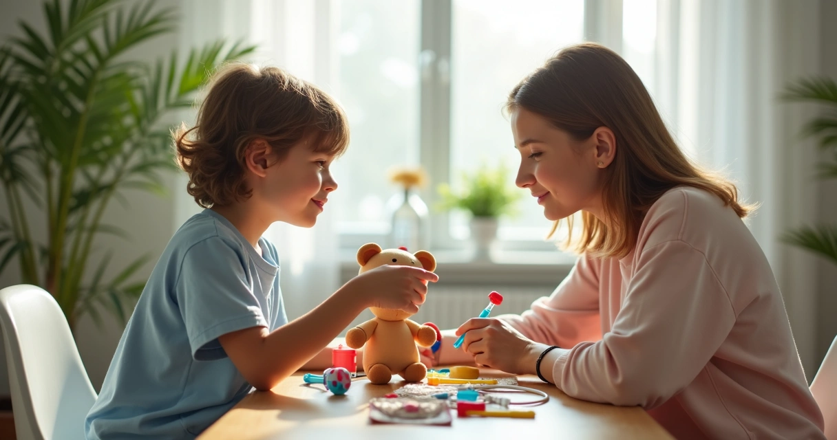 Mãe conversa com filho em casa mostrando kit de brinquedo médico sobre a mesa
