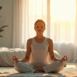 Adulto relaxa em posição de meditação enquanto ao fundo se vê representação de gráfico de cortisol