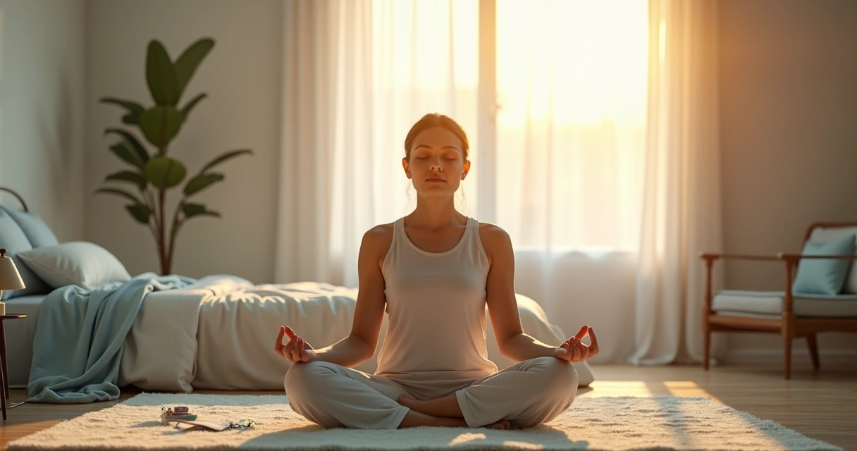 Adulto relaxa em posição de meditação enquanto ao fundo se vê representação de gráfico de cortisol