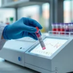 Equipamento analisa amostra de sangue para exame de PCR ultrasensível em close-up técnico