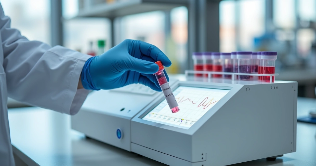 Equipamento analisa amostra de sangue para exame de PCR ultrasensível em close-up técnico