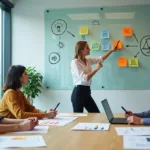 Equipe de trabalho em reunião analisando riscos psicossociais em escritório moderno