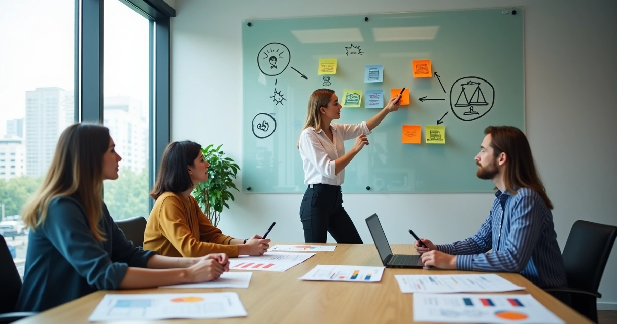 Equipe de trabalho em reunião analisando riscos psicossociais em escritório moderno
