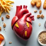 Montagem de coração rodeado por alimentos gordurosos e saudáveis lado a lado