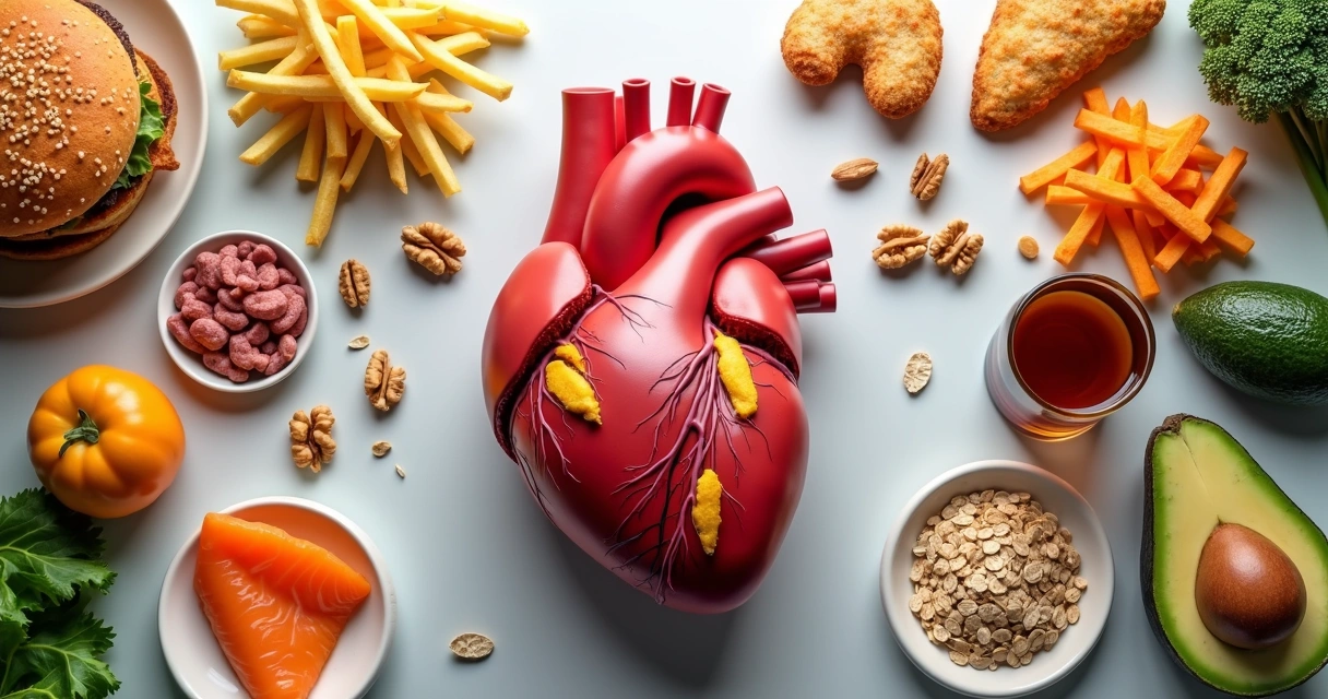 Montagem de coração rodeado por alimentos gordurosos e saudáveis lado a lado