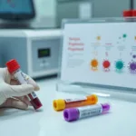 Tubo de coleta de sangue identificado para dengue zika e chikungunya em bancada de laboratório
