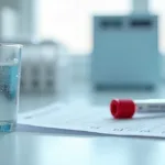Copo de água ao lado de tubo de sangue em bancada de laboratório