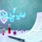 Estilização de anticorpos e vírus ao lado de formulário de exame de sangue