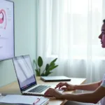 Mulher observa tela com ilustração do útero em ambiente de clínica moderna