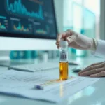Profissional de saúde segurando amostra de urina próxima a exame de laboratório