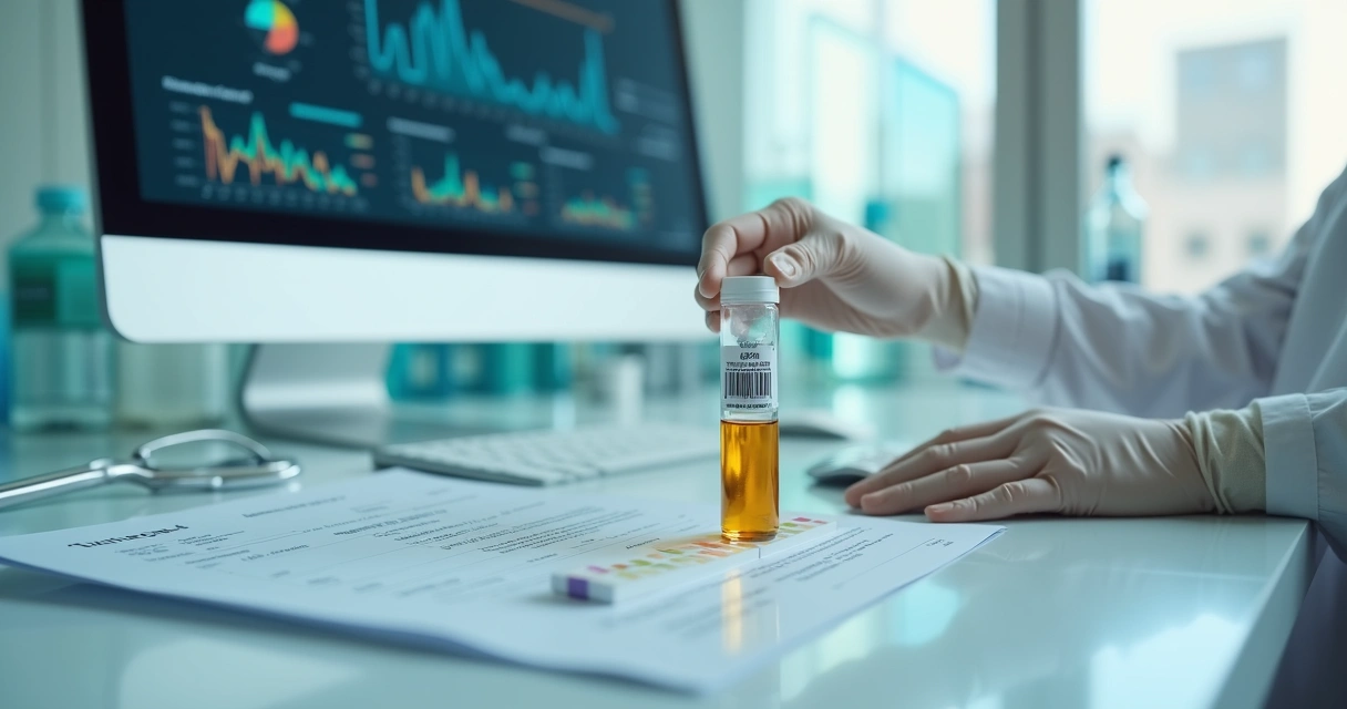 Profissional de saúde segurando amostra de urina próxima a exame de laboratório