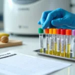 Tubos de exame de sangue com solução amarela diante de alimentos ricos em vitamina B6