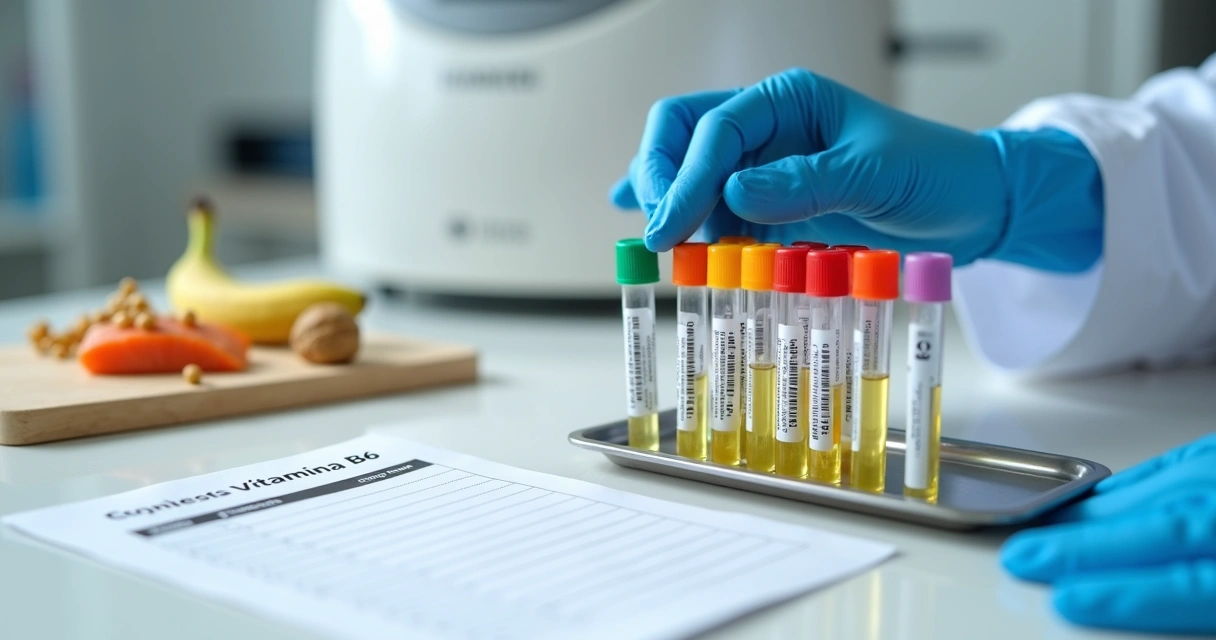 Tubos de exame de sangue com solução amarela diante de alimentos ricos em vitamina B6