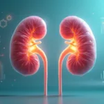 Ilustração conceitual de rins humanos com gráficos de ureia e creatinina na frente