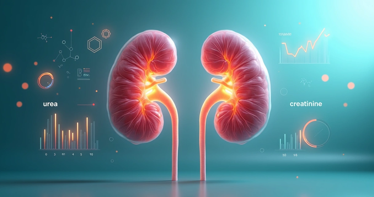 Ilustração conceitual de rins humanos com gráficos de ureia e creatinina na frente