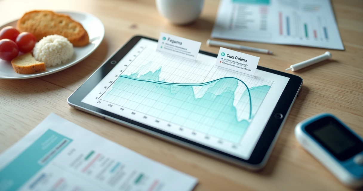 Gráfico de curva glicêmica saindo de tablet ao lado de alimentos e glicosímetro