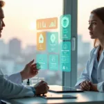 Médica observa painel digital com ícones de biomarcadores ao lado de paciente em consultório moderno