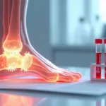 Conceito de ácido úrico com articulação inflamada e cristais no fundo azul
