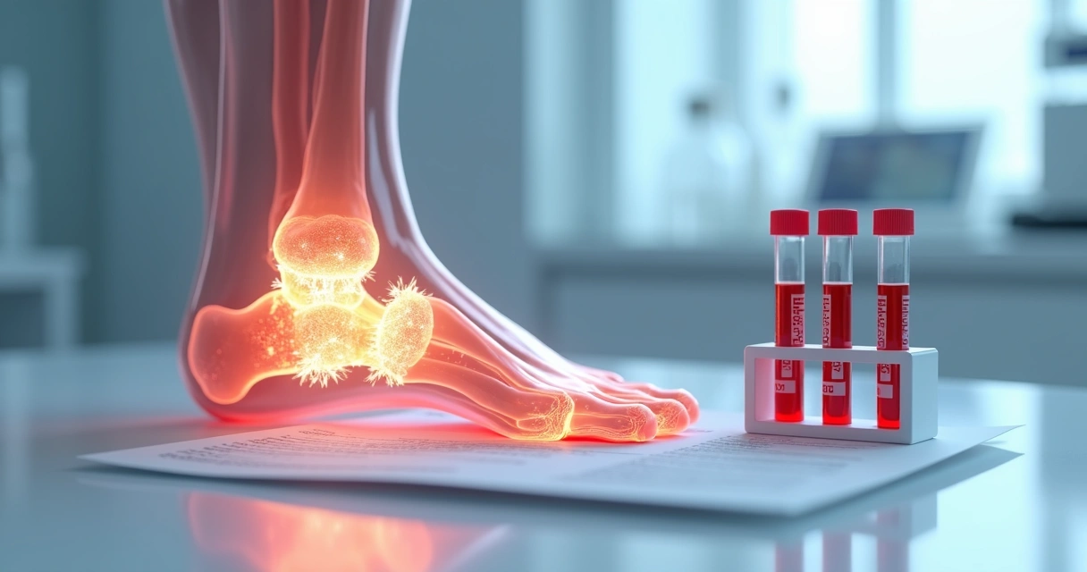Conceito de ácido úrico com articulação inflamada e cristais no fundo azul