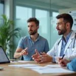 Equipe em escritório discutindo exames ocupacionais com médico em ambiente corporativo moderno