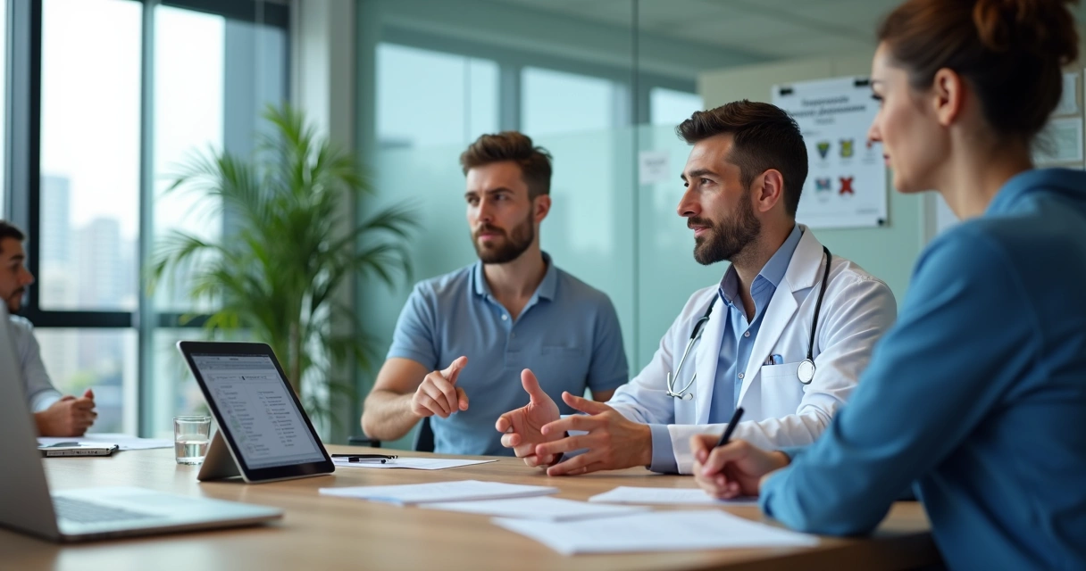 Equipe em escritório discutindo exames ocupacionais com médico em ambiente corporativo moderno