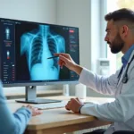 Médica analisa raio-x de tórax de adulto com suspeita de pneumonia em consultório moderno