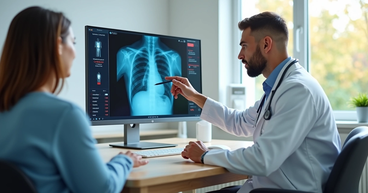 Médica analisa raio-x de tórax de adulto com suspeita de pneumonia em consultório moderno
