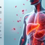 Conceito de ferritina alta com corpo humano visto de frente e destaques em vermelho no fígado e no sangue