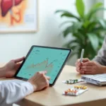 Paciente observa tablet com resultados de exame de fígado ao lado de cartela de remédios
