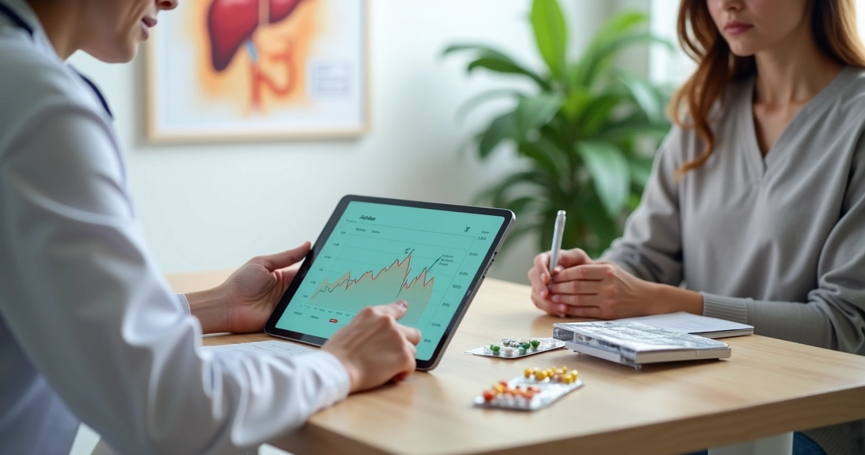 Paciente observa tablet com resultados de exame de fígado ao lado de cartela de remédios