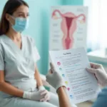 Profissional de saúde orienta paciente antes de coleta de exame preventivo ginecológico