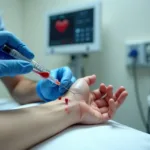 Profissional realiza coleta de sangue arterial no pulso de paciente em sala hospitalar